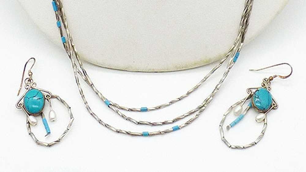 Artisan Sterling and Turquoise Bead Necklace Set - image 2