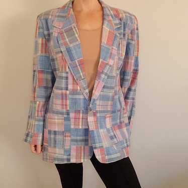 Vintage NWOT 80s Cotton Plaid One Button Blazer P… - image 1