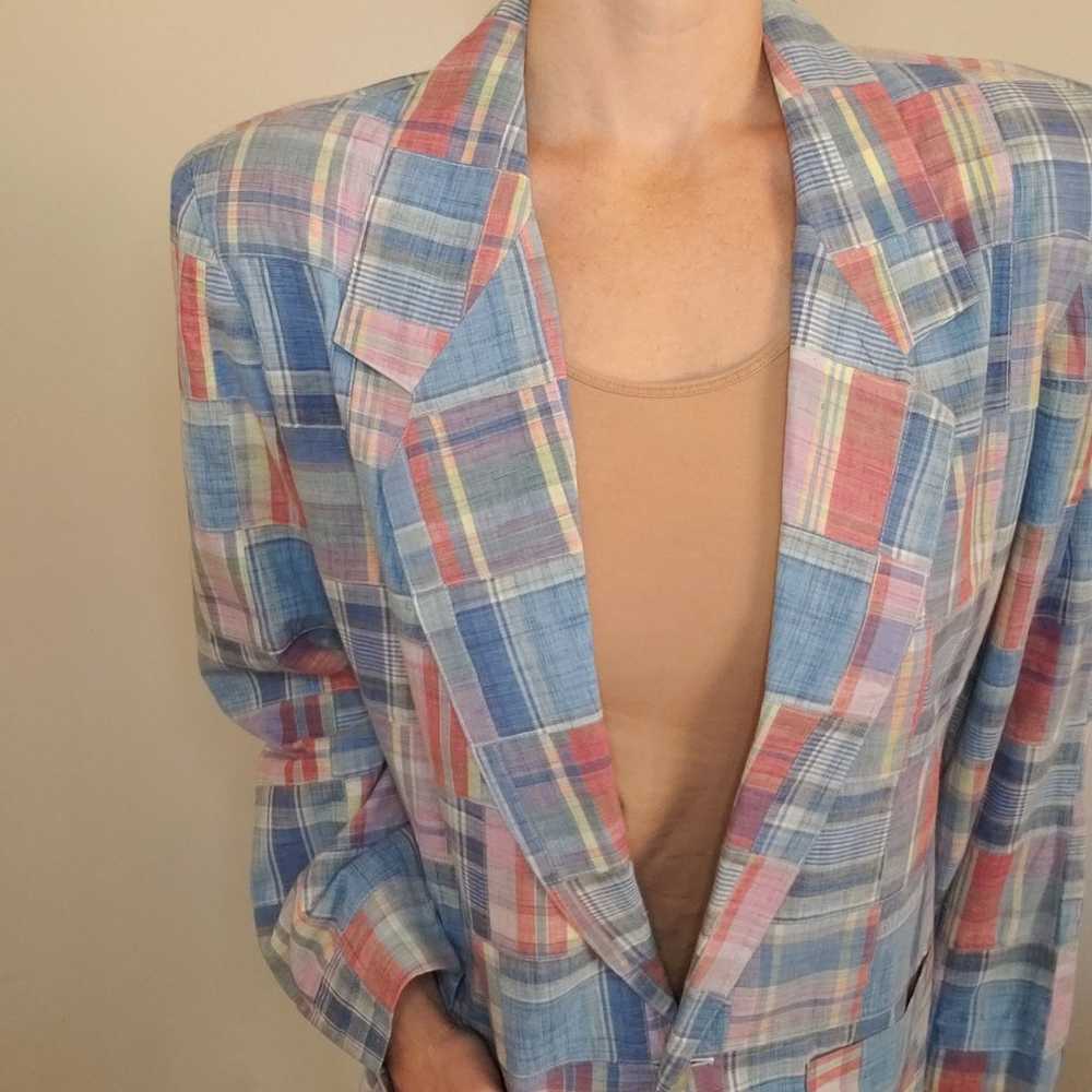 Vintage NWOT 80s Cotton Plaid One Button Blazer P… - image 4