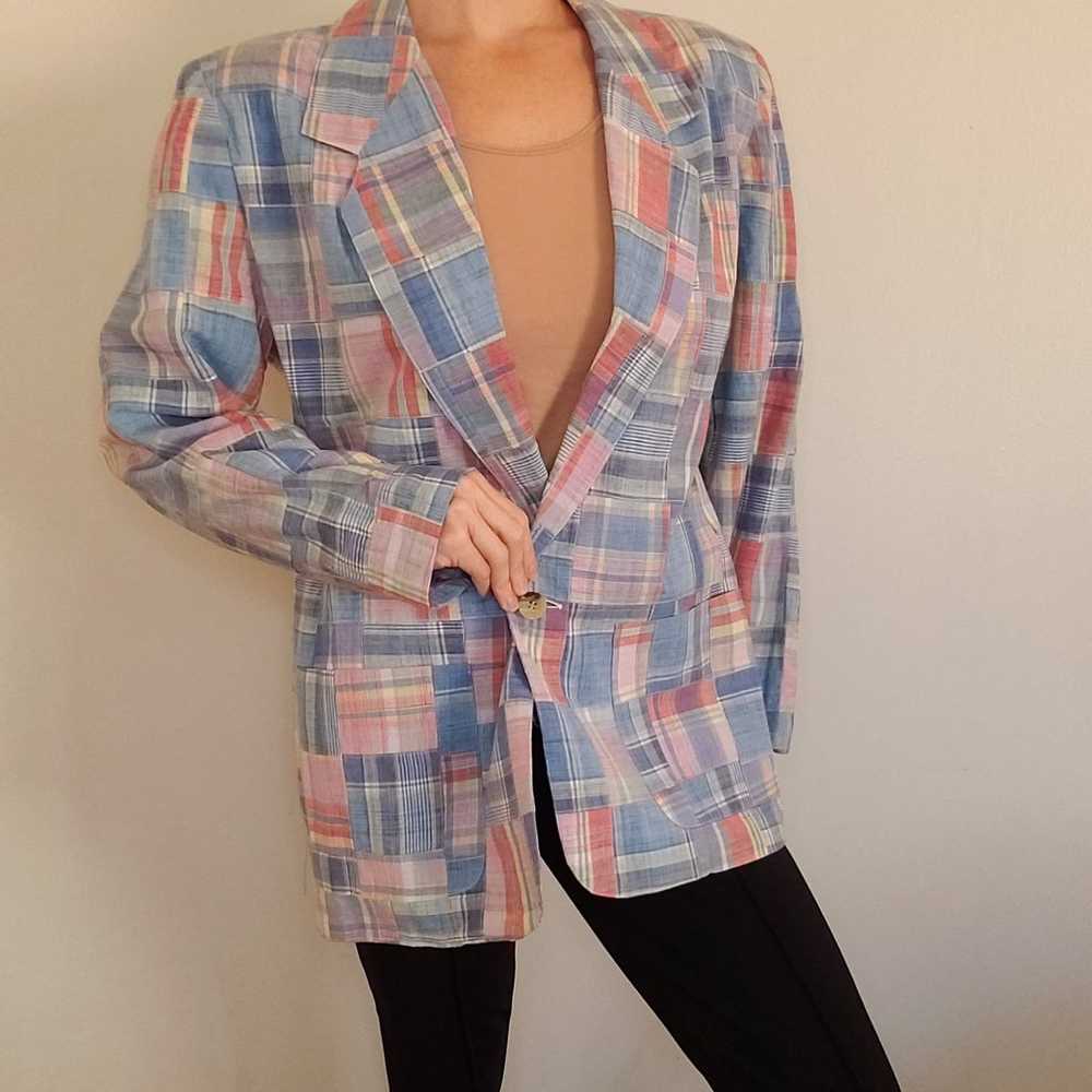 Vintage NWOT 80s Cotton Plaid One Button Blazer P… - image 5