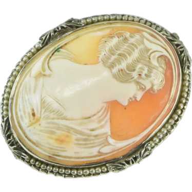 14K Oval Carved Shell Cameo Seed Pearl Lady Penda… - image 1