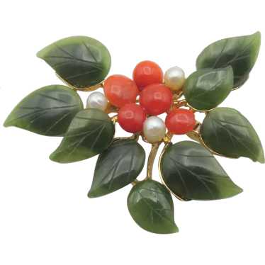 Stunning Jade & Coral Brooch. Delicate Gold Tone with Carved Coral Flowers and Jade Leaves. Mid 2024 Century Costume Jewelry. Swoboda Style