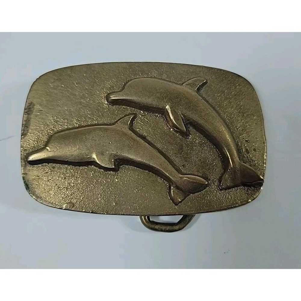 Vtg Dolphin Brass Metal Belt Buckle Well-Made Hea… - image 1