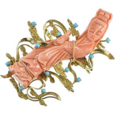 14K Ornate Chinese Coral Turquoise Water Bearer Pi