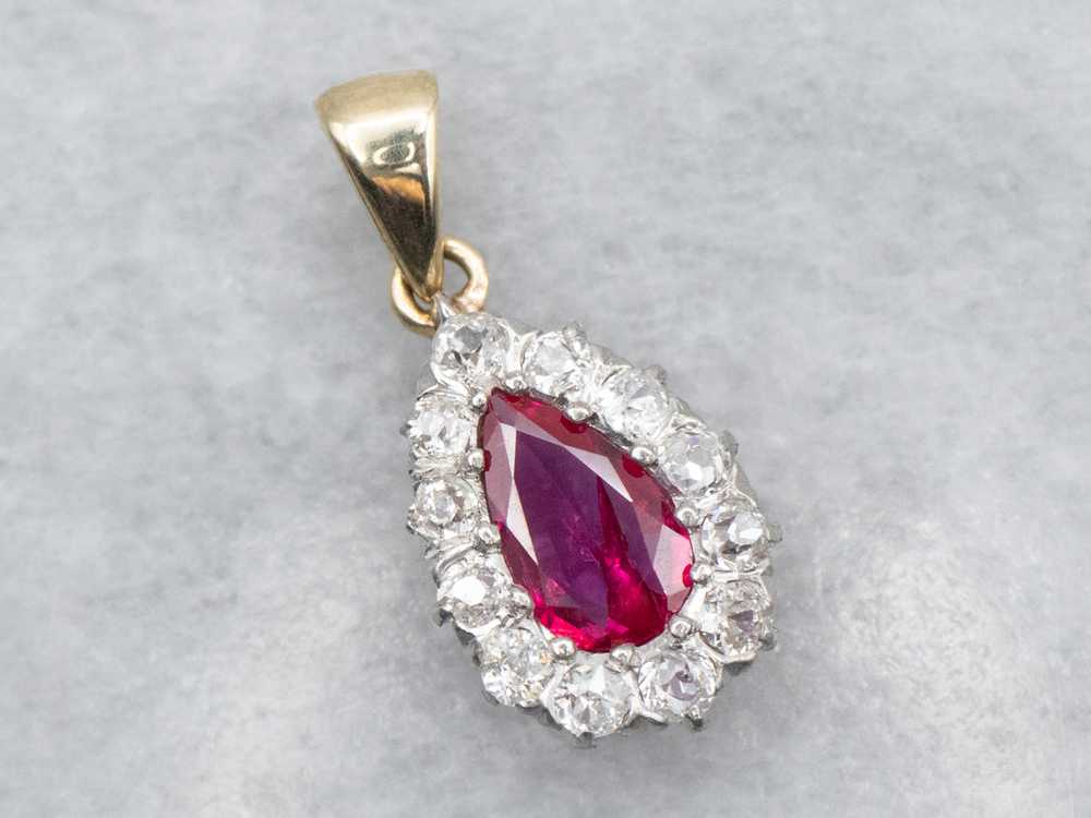 Teardrop Ruby and Old Mine Cut Diamond Halo Penda… - image 1