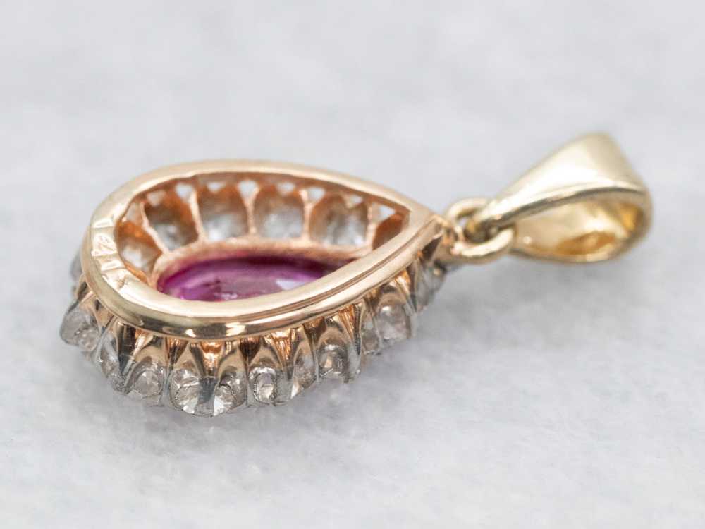 Teardrop Ruby and Old Mine Cut Diamond Halo Penda… - image 2