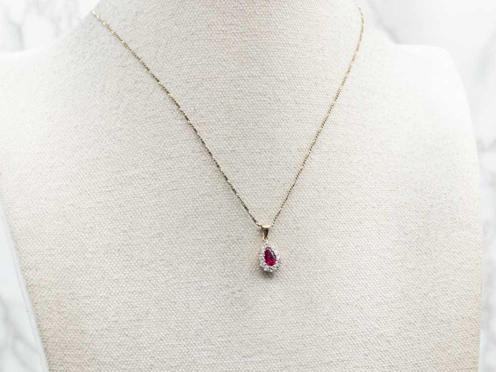 Teardrop Ruby and Old Mine Cut Diamond Halo Penda… - image 4