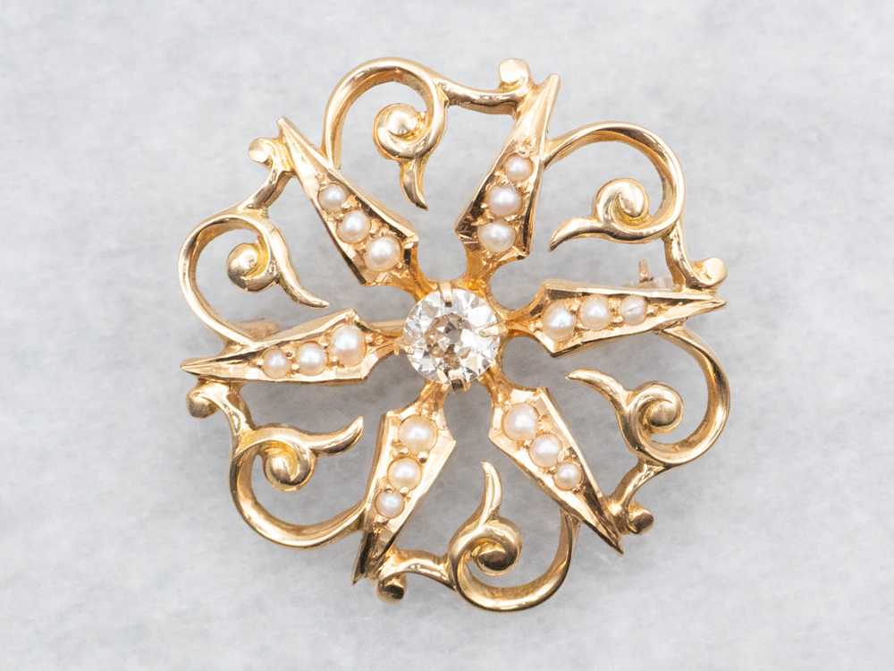 Victorian Old Mine Cut Diamond Brooch with Seed P… - image 1