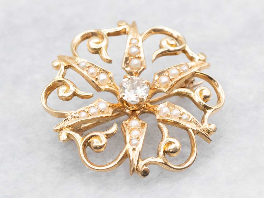 Victorian Old Mine Cut Diamond Brooch with Seed P… - image 2