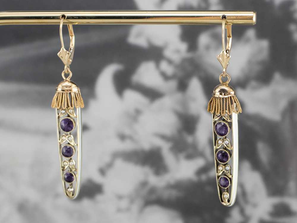 Amethyst Seed Pearl Gold Filigree Drop Earrings - image 10