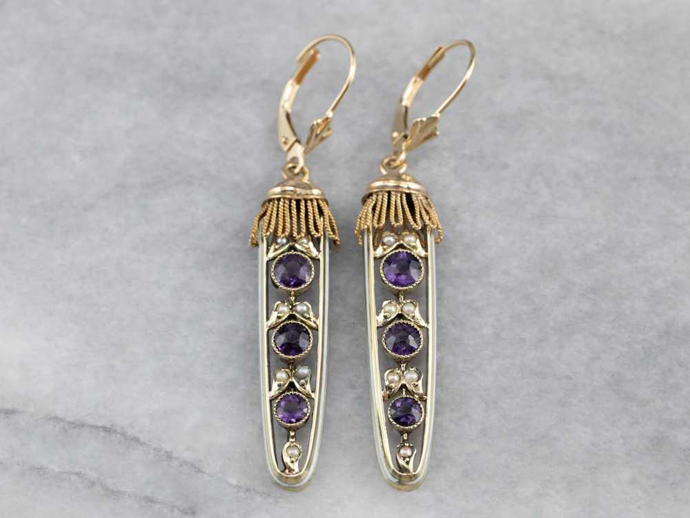 Amethyst Seed Pearl Gold Filigree Drop Earrings - image 2