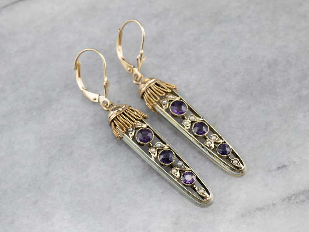 Amethyst Seed Pearl Gold Filigree Drop Earrings - image 3