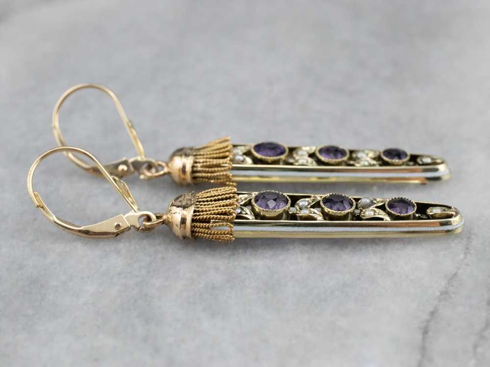 Amethyst Seed Pearl Gold Filigree Drop Earrings - image 4