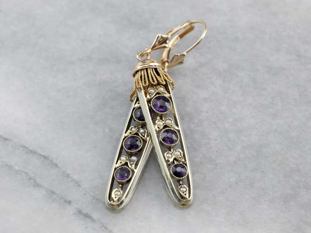 Amethyst Seed Pearl Gold Filigree Drop Earrings - image 5