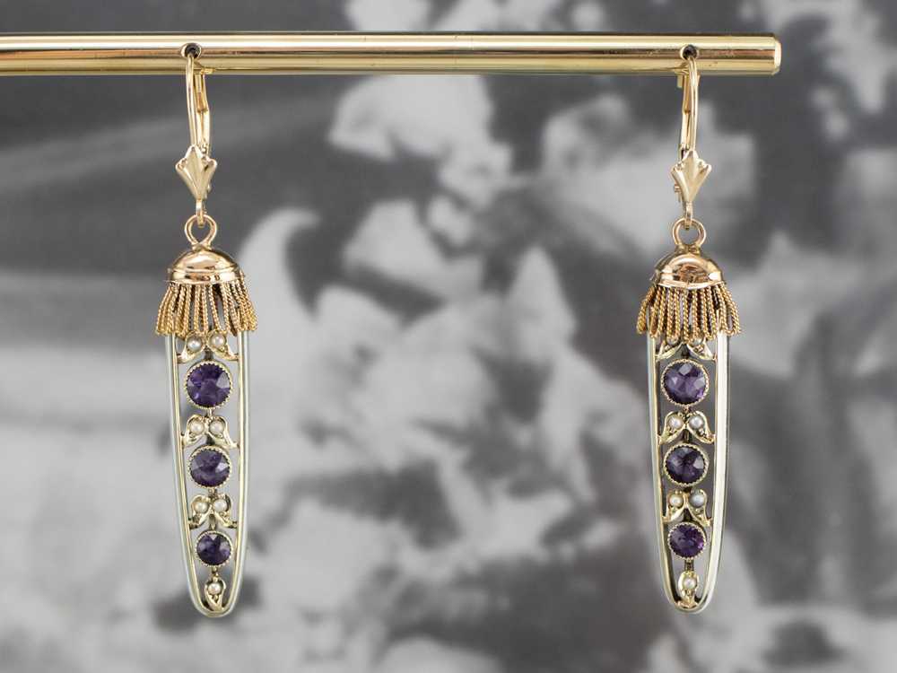 Amethyst Seed Pearl Gold Filigree Drop Earrings - image 8