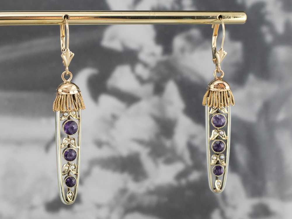 Amethyst Seed Pearl Gold Filigree Drop Earrings - image 9