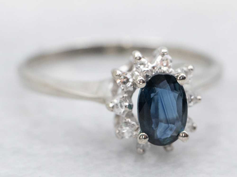 Modern White Gold Sapphire and Diamond Halo Ring - image 2