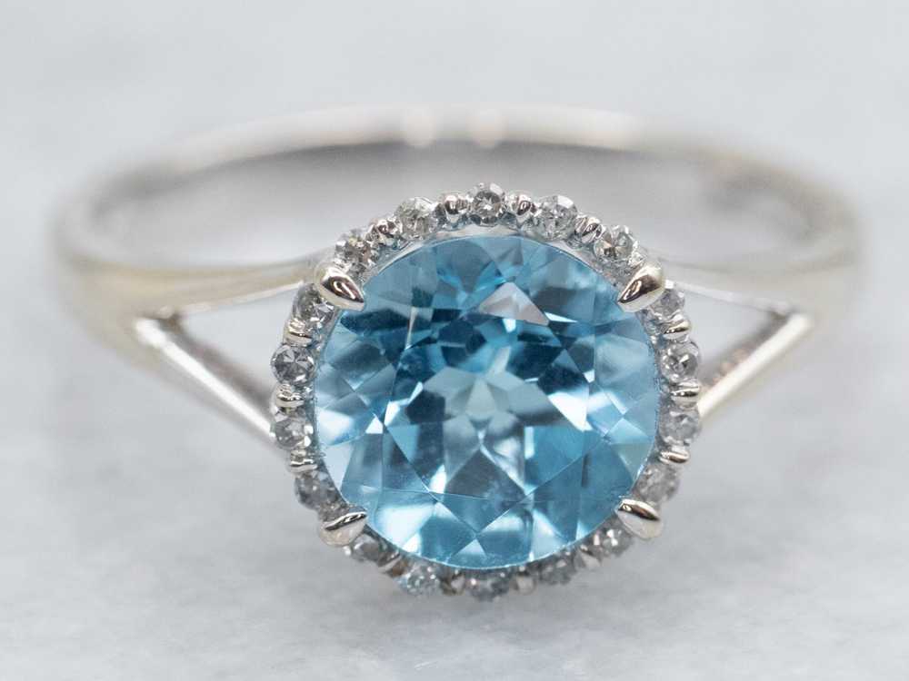 Modern Blue Topaz Ring with Diamond Halo - image 2