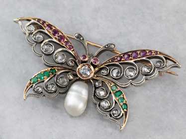 Art Nouveau Gemstone Butterfly Brooch - image 1