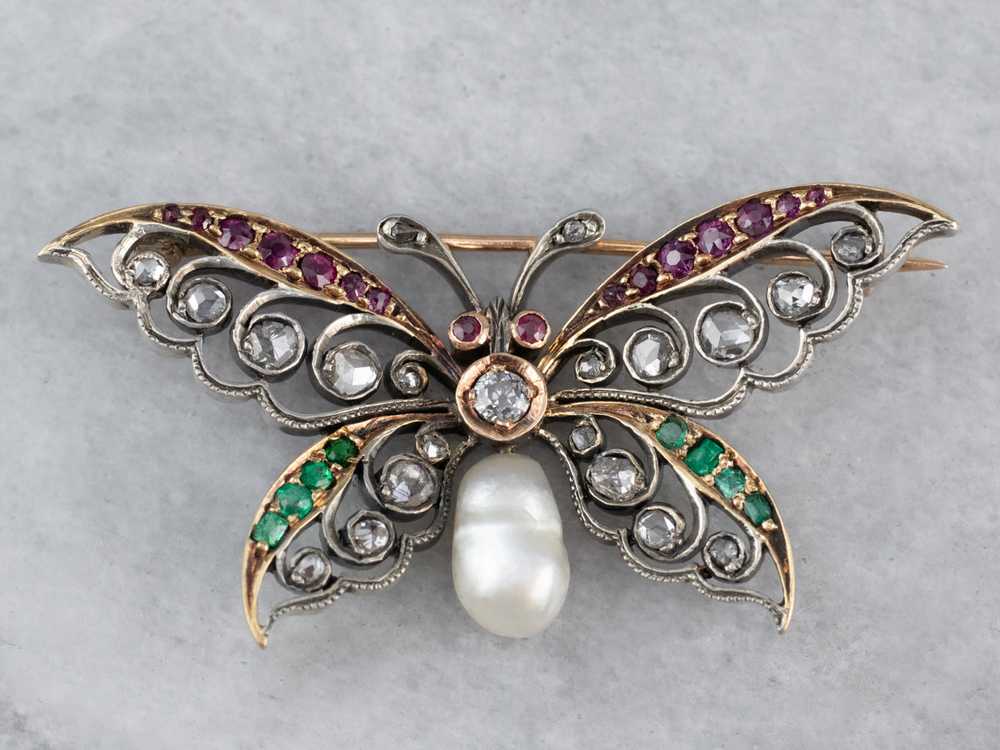 Art Nouveau Gemstone Butterfly Brooch - image 2