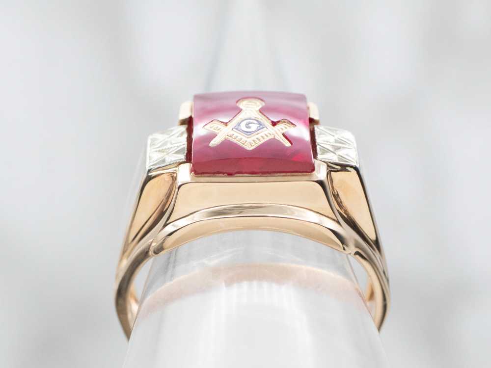 Men's Vintage Gold Synthetic Ruby Masonic Ring - image 3