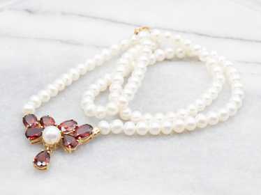 White Freshwater Pearl Beaded Necklace with Garne… - image 1