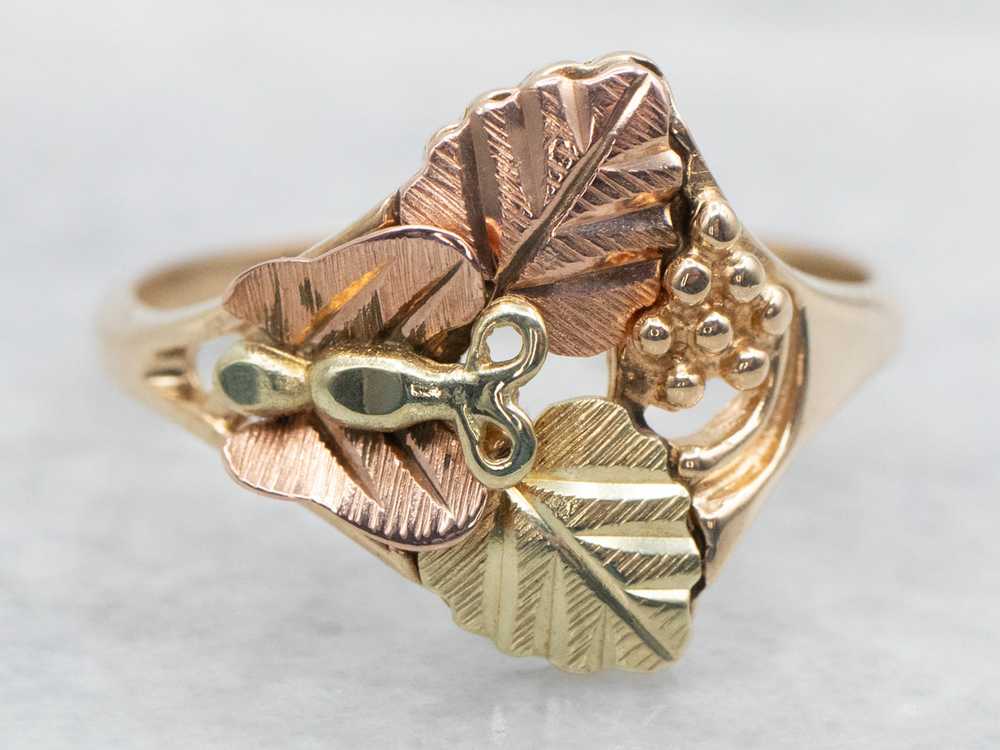 Vintage Black Hills Gold Butterfly and Leaf Ring - image 1