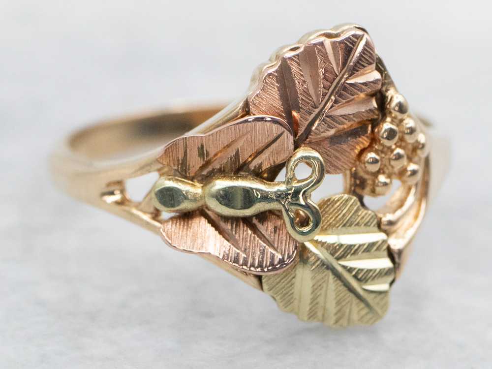 Vintage Black Hills Gold Butterfly and Leaf Ring - image 2