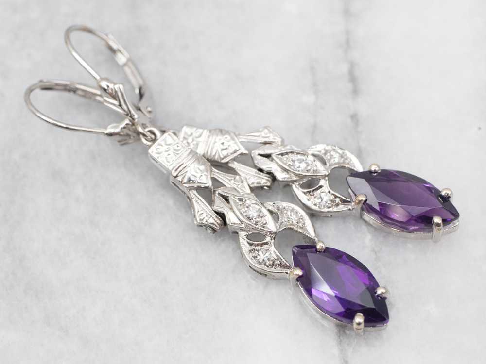 Marquise Cut Amethyst Drop Earrings with Diamond … - image 1