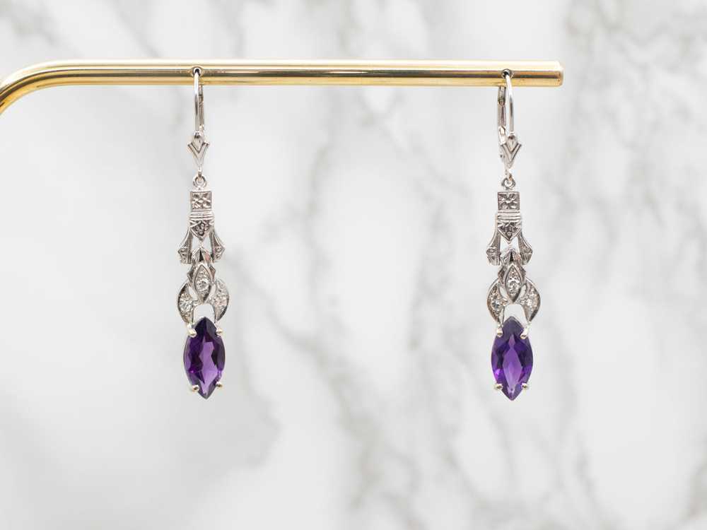 Marquise Cut Amethyst Drop Earrings with Diamond … - image 5