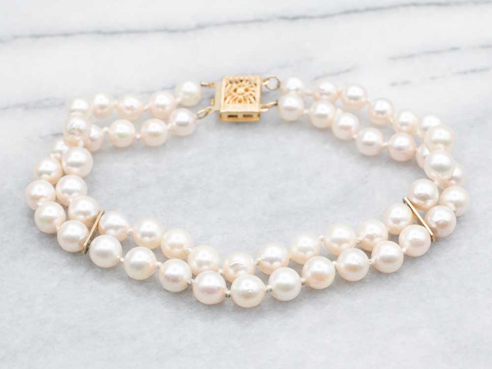 Yellow Gold Pearl Double Strand Bracelet - image 2