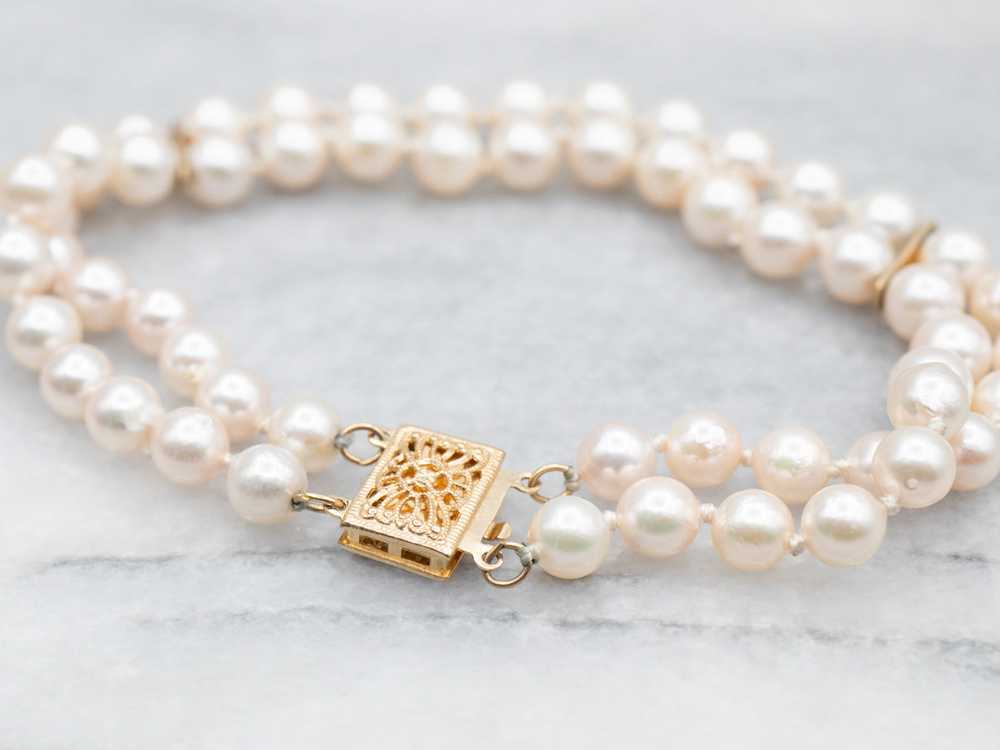 Yellow Gold Pearl Double Strand Bracelet - image 3