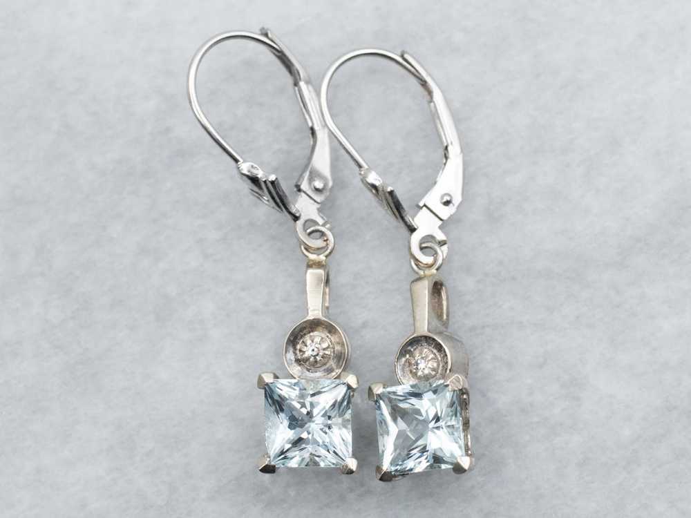 Princess Cut Aquamarine Drop Earrings with Diamon… - image 2