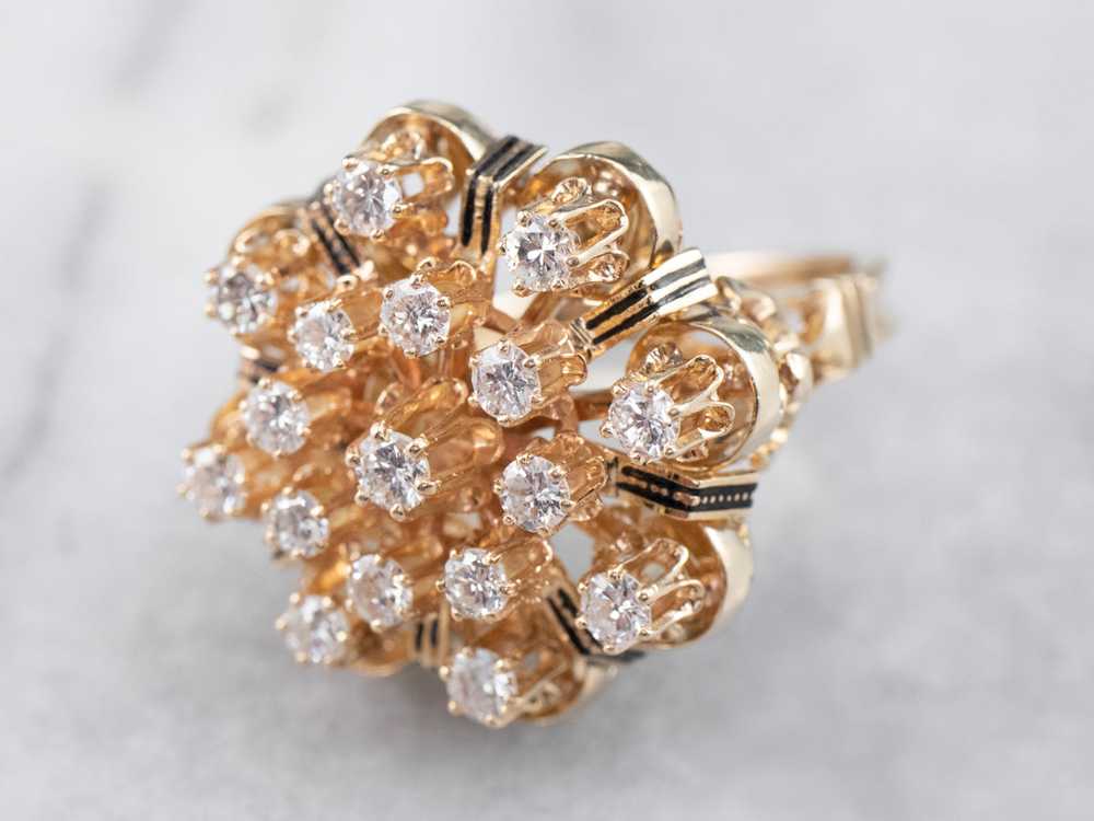 Black Enamel and Gold Diamond Cluster Ring - image 3