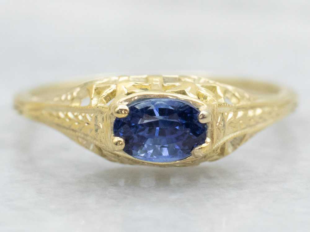 Art Nouveau Green Gold Sapphire Engagement Ring - image 1