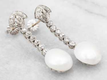 White Gold Pearl and Diamond Drop Earrings - image 1