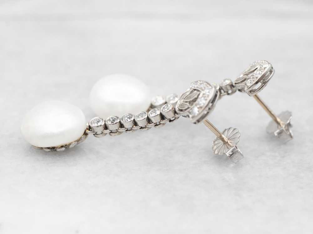 White Gold Pearl and Diamond Drop Earrings - image 2