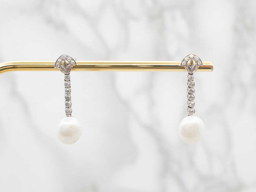 White Gold Pearl and Diamond Drop Earrings - image 3