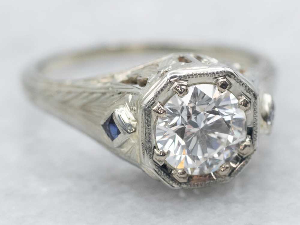 Art Deco Diamond Synthetic Sapphire Engagement Ri… - image 2