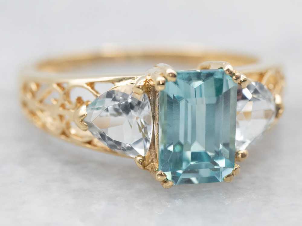 Yellow Gold Blue Zircon Ring with Aquamarine Acce… - image 2