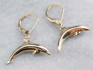 14K Gold Dolphin Drop Earrings - image 1