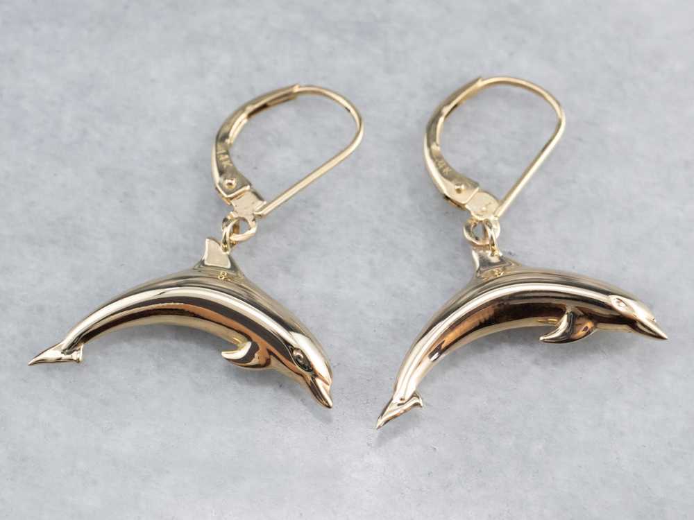 14K Gold Dolphin Drop Earrings - image 2