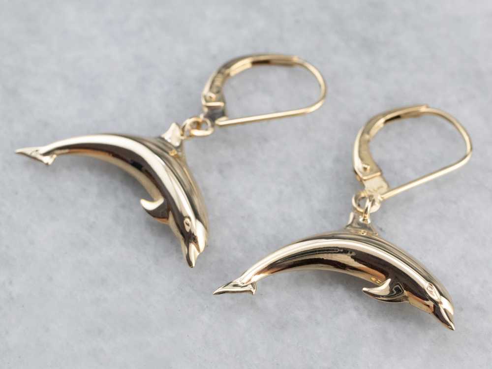 14K Gold Dolphin Drop Earrings - image 3