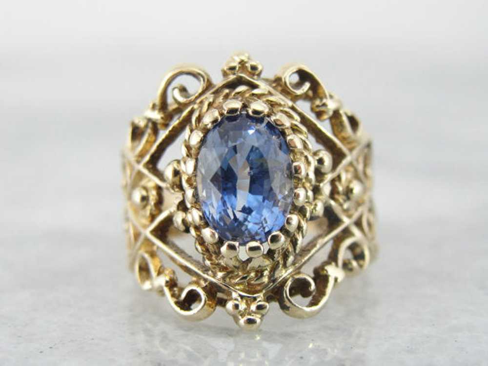 Wide Filigree Blue Ceylon Sapphire Ring - image 1