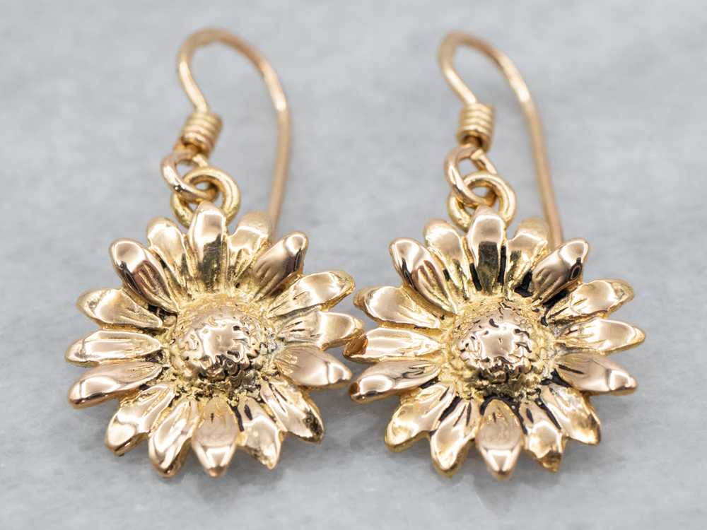 18K Yellow Gold Sunflower Drop Earrings - image 1