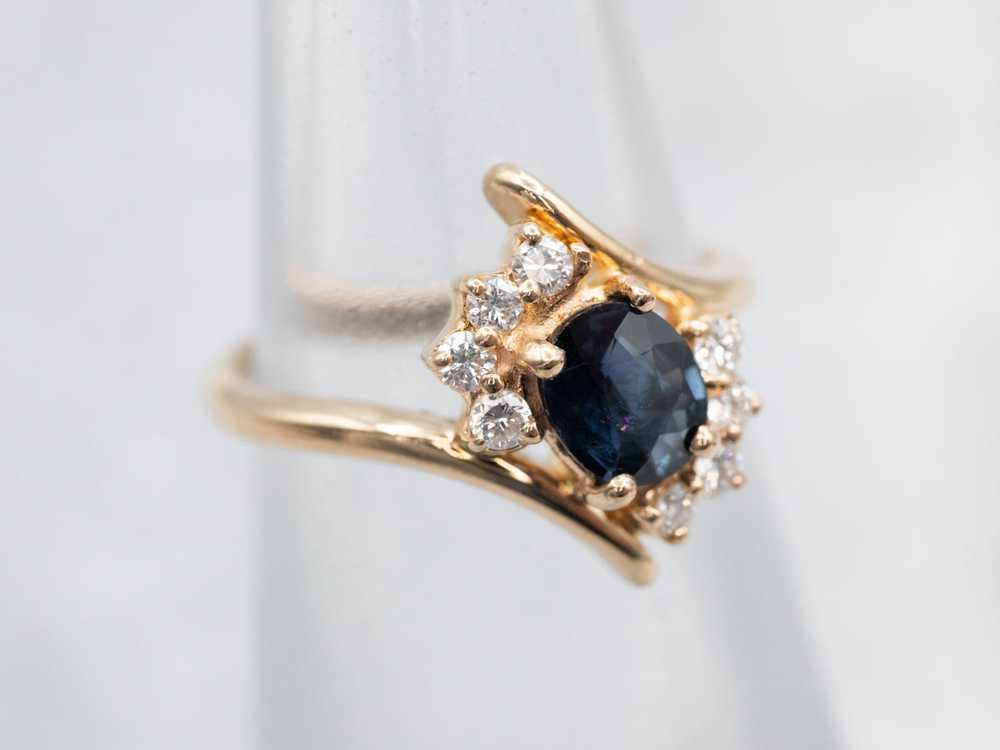 Sleek Yellow Gold Sapphire Bypass Ring with Diamo… - image 3