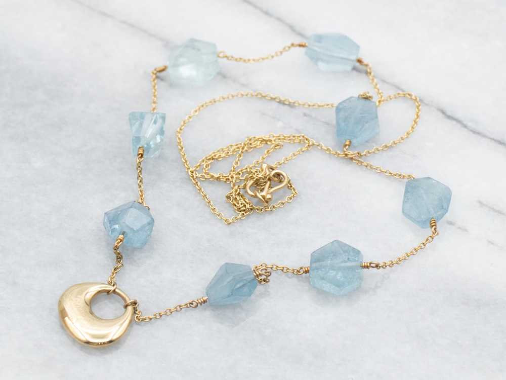 Yellow Gold Aquamarine Bead Station Necklace with… - image 1