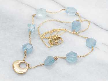 Yellow Gold Aquamarine Bead Station Necklace with… - image 1