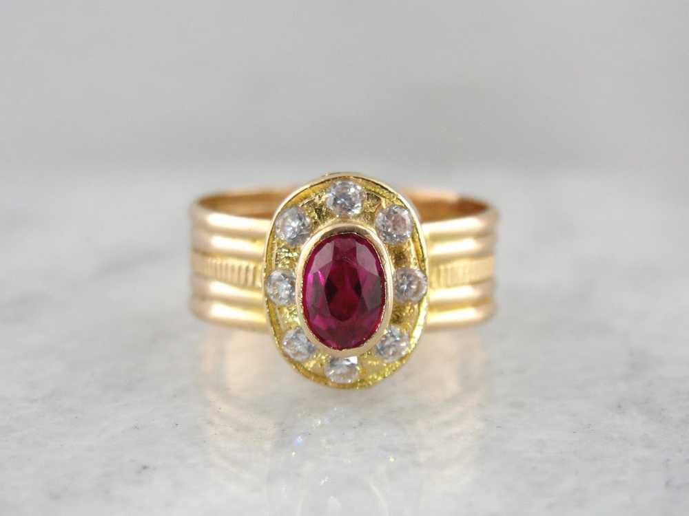 Synthetic Ruby and White Zircon Halo Ring in Yell… - image 1