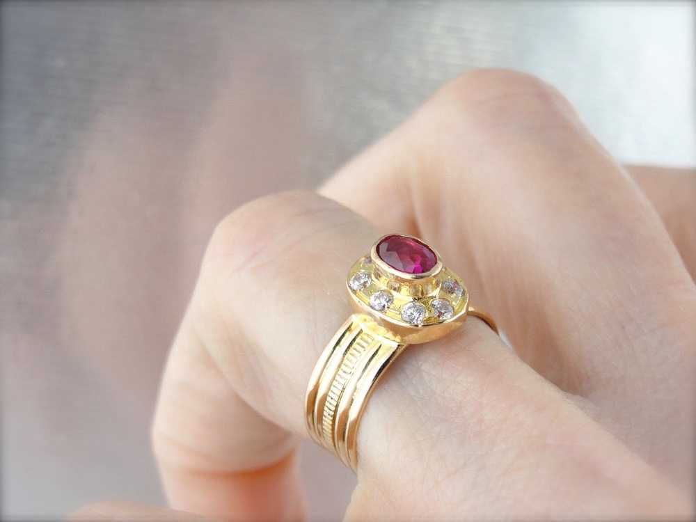 Synthetic Ruby and White Zircon Halo Ring in Yell… - image 4